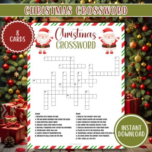 Christmas Crossword Puzzle – 8 Printable Cards, Fun Holiday Digital Download